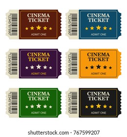 Set designed cinema tickets top view isolated on white background. Colorful tickets for movie and film vector illustration