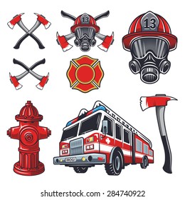 Set of designed firefighter elements. Coloured