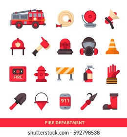 Set of designed firefighter elements coloured fire department emergency icons and water safety danger equipment fireman protection vector illustration.