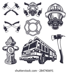 Set Of Designed Firefighter Elements. Monochrome Style