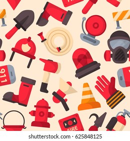 Set of designed firefighter elements protection vector illustration seamless pattern