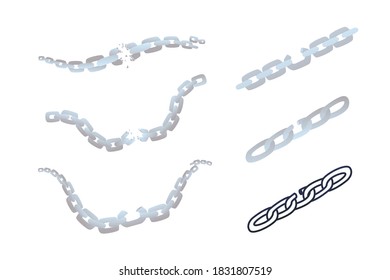 Set of designer chains on a white background. Chain link breaks, chain breaks, release. Modern flat illustration.