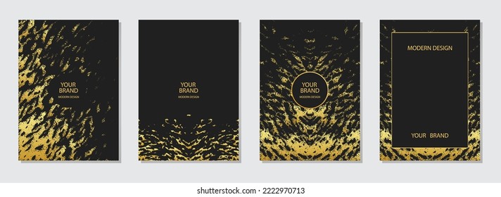 Set von Designerabdeckungen. Stilvoller schwarzer Hintergrund mit abstraktem Muster, goldener Grunge-Struktur. Kollektion von vertikalen Vorlagen für Menü, Broschüre, Flyer-Layout, Präsentation mit Platz für Text.