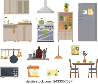 Set - designer of furniture and elements for the kitchen. Table and chairs, refrigerator and stove. Sink and cabinets with dishes. Microwave, tossier and mixer. Kitchen utensils, spices in jars