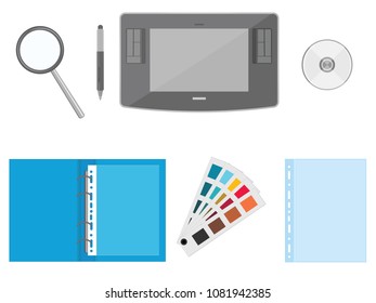 Set for designer - Graphic tablet, magnifier, folder for files, pallet colors, disk - isolated on white background - flat style - art vector