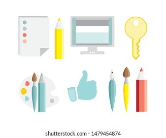 Set of designer icons, his work tools. Brushes, paints, computer, key, good review