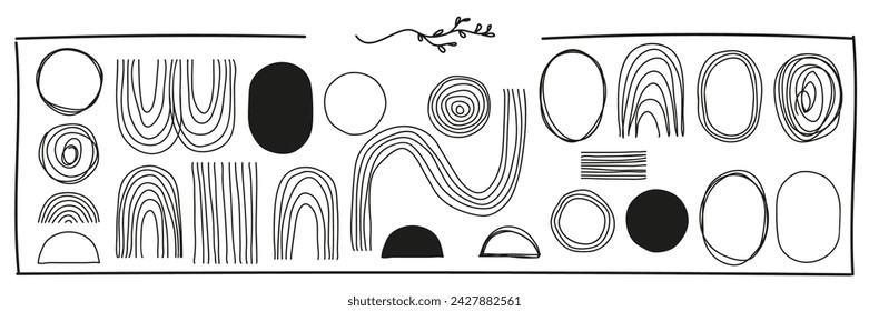 Set of designer linear boho elements for notes. Hand drawn, uneven lines. Vector