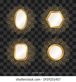 A set of Designer mirrors with a golden frame and rays around. Realistic style. Vector illustration.