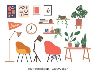 Set Of Designer Studio Furniture And Devices. Different Types Of Desk With Houseplants, Chairs And Shelves With Books