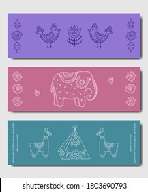 A set of designer yoga mats for children. Bright color pattern with funny animals in the style of kid's drawings-elephant, lama and birds. Business card decor, poster, print, sports equipment.