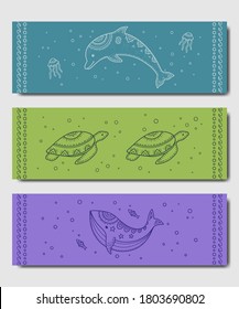 A set of designer yoga mats for children. A bright color pattern with a marine theme - a whale, a Dolphin, a turtle, and jellyfish. Business card decor, poster, print, sports equipment.