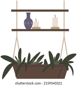 Set of designers hangers for plants growing in pots. Bundle of hanging planters made of cotton cord, beautiful handmade home decorations isolated on white background. Wooden shelf, vase and candle