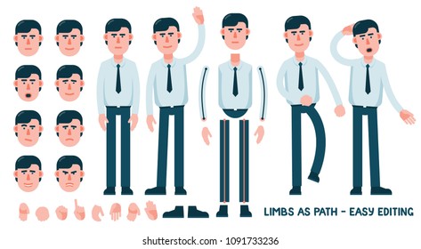 Set for designing an office worker character. The limbs are saved as path for easy editing and adjusting the posture. Set of facial emotions. Examples of poses  -
 greeting, walking, puzzling.