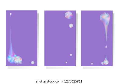 Set of designs with abstract vector compositions with iridescent rainbow spheres. Groups of balls with flowing holographic effect.