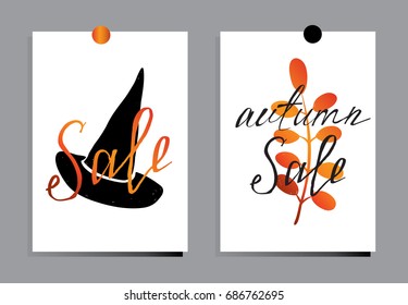 A set of designs for autumn and Halloween postcards. Concept flyers and banners with autumn leaves and hat. Abstract backgrounds. Designs for printing and the Internet.Hello Fall, Sale, Halloween