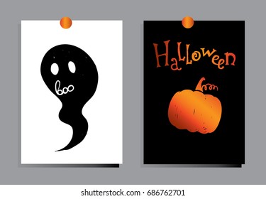A set of designs for autumn and Halloween postcards. Concept flyers and banners with ghost and pumpkins. Abstract backgrounds. Designs for printing and the Internet.Hello Fall, Sale, Halloween