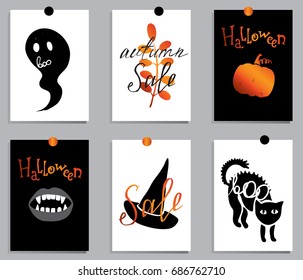 A set of designs for autumn and Halloween postcards. Concept flyers and banners with autumn leaves and pumpkins. Abstract backgrounds. Designs for printing and the Internet.Hello Fall, Sale, Halloween