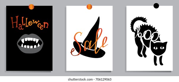 A set of designs for autumn and Halloween postcards. Concept flyers and banners with autumn leaves and pumpkins. Abstract backgrounds. Designs for printing and the Internet.Hello Fall, Sale, Halloween