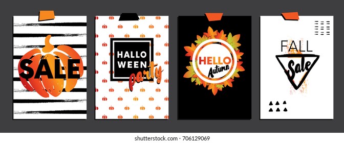 A set of designs for autumn and Halloween postcards. Concept flyers and banners with autumn leaves and pumpkins. Abstract backgrounds. Designs for printing and the Internet.Hello Fall, Sale, Halloween