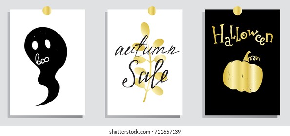A set of designs for autumn and Halloween postcards. Concept flyers and banners with autumn leaves and pumpkins. Abstract backgrounds. Designs for printing and the Internet.Hello Fall, Sale, Halloween