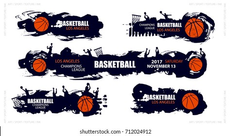 Set designs for basketball, abstract, brush, grunge style. Hand drawing.