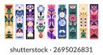 Set of designs of bookmark patterns with nature. Book marks templates with floral print: strange abstract flowers, whimsical wildflower, blooming plants with leaves. Flat vector illustrations