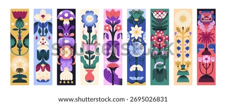 Set of designs of bookmark patterns with nature. Book marks templates with floral print: strange abstract flowers, whimsical wildflower, blooming plants with leaves. Flat vector illustrations