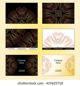 Set of designs for business cards. 6 colorful business card template. Vector vintage visiting card set. Floral mandala pattern and ornaments. Front page and back page.