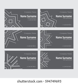 Set of designs of business cards. 6 cards in ethnic style. Image of the circular pattern, stylized mandala.