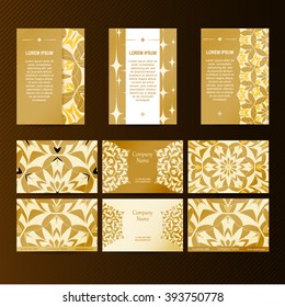 Set of designs for business cards and booklets. 6 colorful business card template and 3 booklet template. Vector vintage visiting card set. Floral mandala pattern and ornaments. 