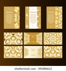Set of designs for business cards and booklets. 6 colorful business card template and 3 booklet template . Vector vintage visiting card set. Floral mandala pattern and ornaments. 