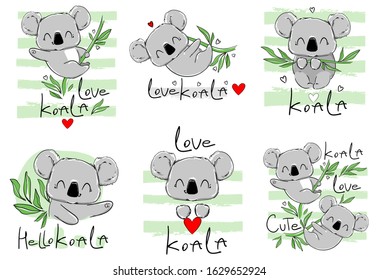 Set with designs of children's prints with a hand drawn koala. Elements for textile, t-shirts, background. Cute koala with eucalyptus childish vector illustration.