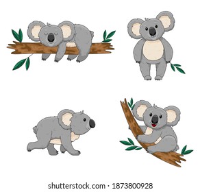 Set with designs of children's prints with a hand drawn koala. Isolated koalas on tree and nature elements.