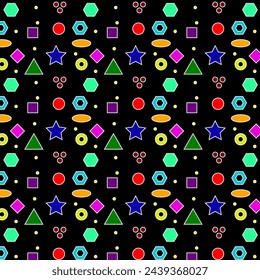 Set of designs of colored geometric shapes. Seamless color pattern with white outline on a black background. Creative collection of abstract art for kids or holiday design. Simple children's drawings 