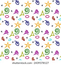 Satz von Designs von farbigen primitiven Formen. Nahtloses Farbmuster auf weißem Hintergrund. Kreative Sammlung abstrakter Kunst für Kinder oder Feriendesign. Einfache Kinderzeichnungen mit einem strukturierten Pri