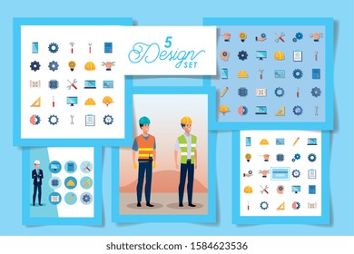 set designs of engineer men with set icons working vector illustration design