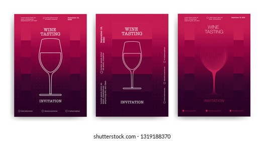 Set of designs for events, parties, tastings or wine celebrations. Elegant design with icon and wine glass illustration. Background red wine colors. Vector
