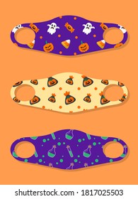 Set of designs face masks with halloween seamless pattern with candy, ghost and pumpkin