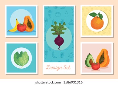 set of designs fresh with vegetables and fruits vector illustration design