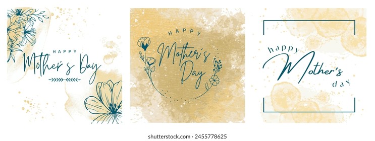 Set of designs in gold tones to celebrate Mother's Day. These elegant and delicate, typography-focused pieces are ideal for cards, banners, publications, and more.