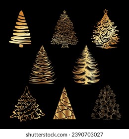 Set of designs with golden stylized Christmas trees. Vector silhouettes in modern minimalist luxury style for New Year, greeting cards, posters, holiday covers for Internet, social networks, on black 