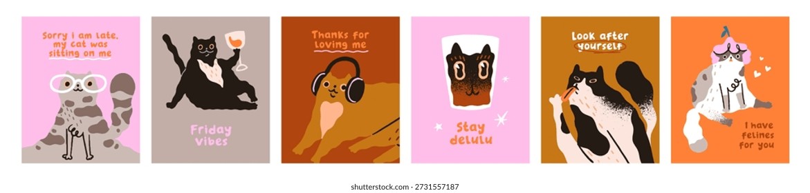 Conjunto de desenhos de cartões com gatos cômicos fofos em diferentes poses. Modelos de cartão postal com gatinhos engraçados, gatinhos safados. Layouts com desejos e animais divertidos. Ilustrações vetoriais planas