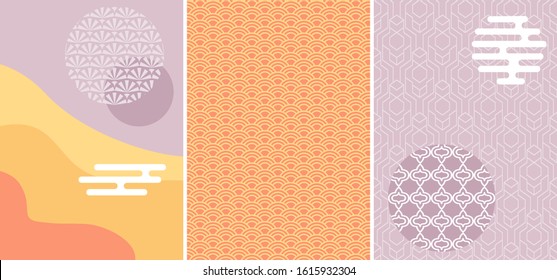 Set of designs with Japanese motifs. Abstract art with ornate elements. Stylized landscape, waves  and sun. Yellow, purple, red.