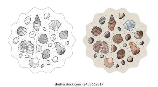 A set of designs made from shells, pebbles and sand for coloring.