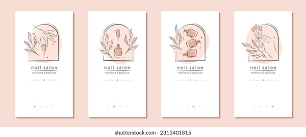 Set of designs for nail salon. Manicure and pedicure. Beautiful female hands, color samples nail polish. Vector illustrations