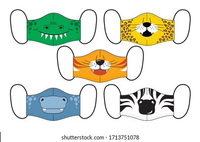 Set of designs o reusable mouth kids funny masks with jungle animals faces in vector
