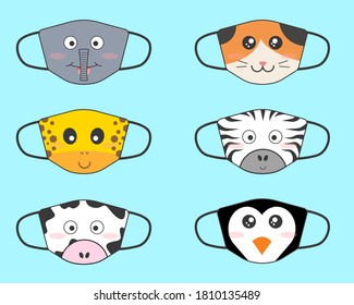 Set of designs o reusable mouth kids funny masks with jungle animals faces in vector EPS 10