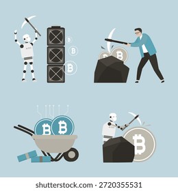 Conjunto de diseños sobre el tema de la minería y la agricultura de bitcoins. Robot minero con pico. Inversor con moneda virtual. Centro de datos, criptomonedas agrícolas, tecnología blockchain. Ilustración vectorial plana