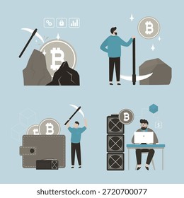 Conjunto de diseños sobre el tema de la minería y la agricultura de bitcoins. Hombre de negocios minero con pico. Inversor con moneda virtual. Centro de datos, criptomonedas agrícolas, tecnología blockchain. Ilustración vectorial plana