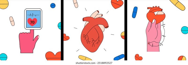 Conjunto de diseños sobre el tema de la cardiología con corazón, oxímetro de pulso. Ilustración vectorial de estilo plano, carteles, postales médicas